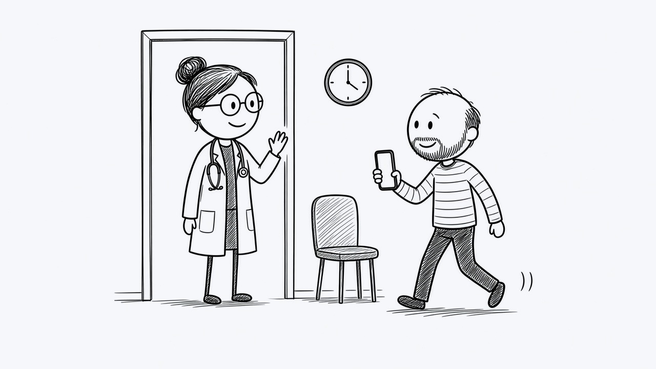 La doctora saluda en la puerta del consultorio y el paciente llega con el teléfono del recordatorio.